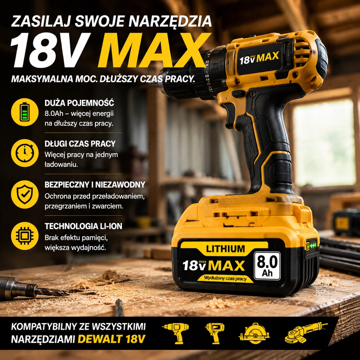 18V 8Ah XR Battery Replacement DCB182 DCB206 Dewalt High Capacity LED Manufacturer code DW-18V-8.0Ah-1