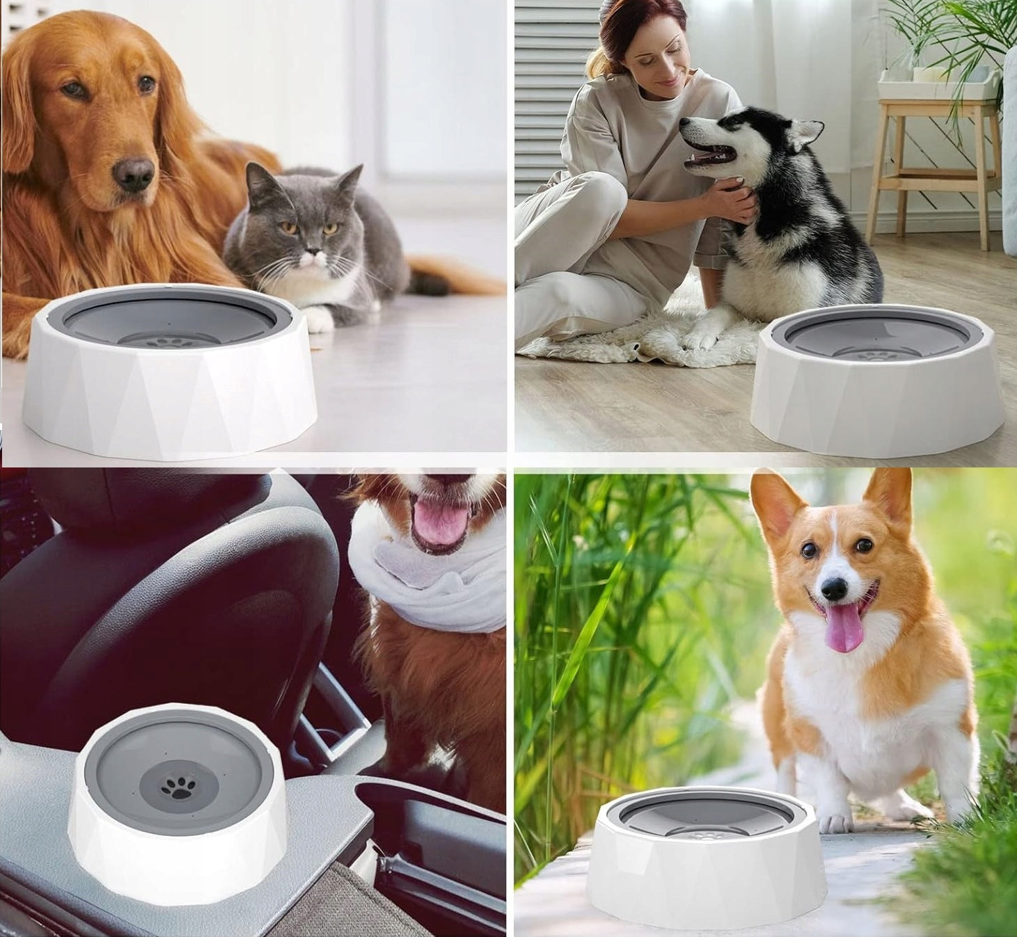 1L Anti-Splash Dog Bowl with Filter, Portable, Anti-Slip Diamond Color white