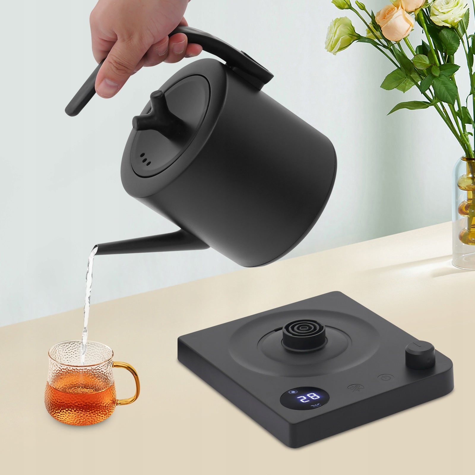 1l Electric Kettle Fast Heating with LED Screen Adjustable Temperature Time Dominant color black
