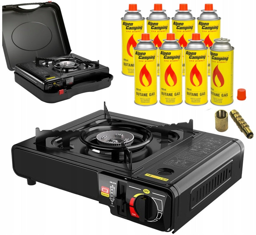 1x Multipurpose Tourist Stove 2in1 + Suitcase + 8x Alpen Camping Gas
