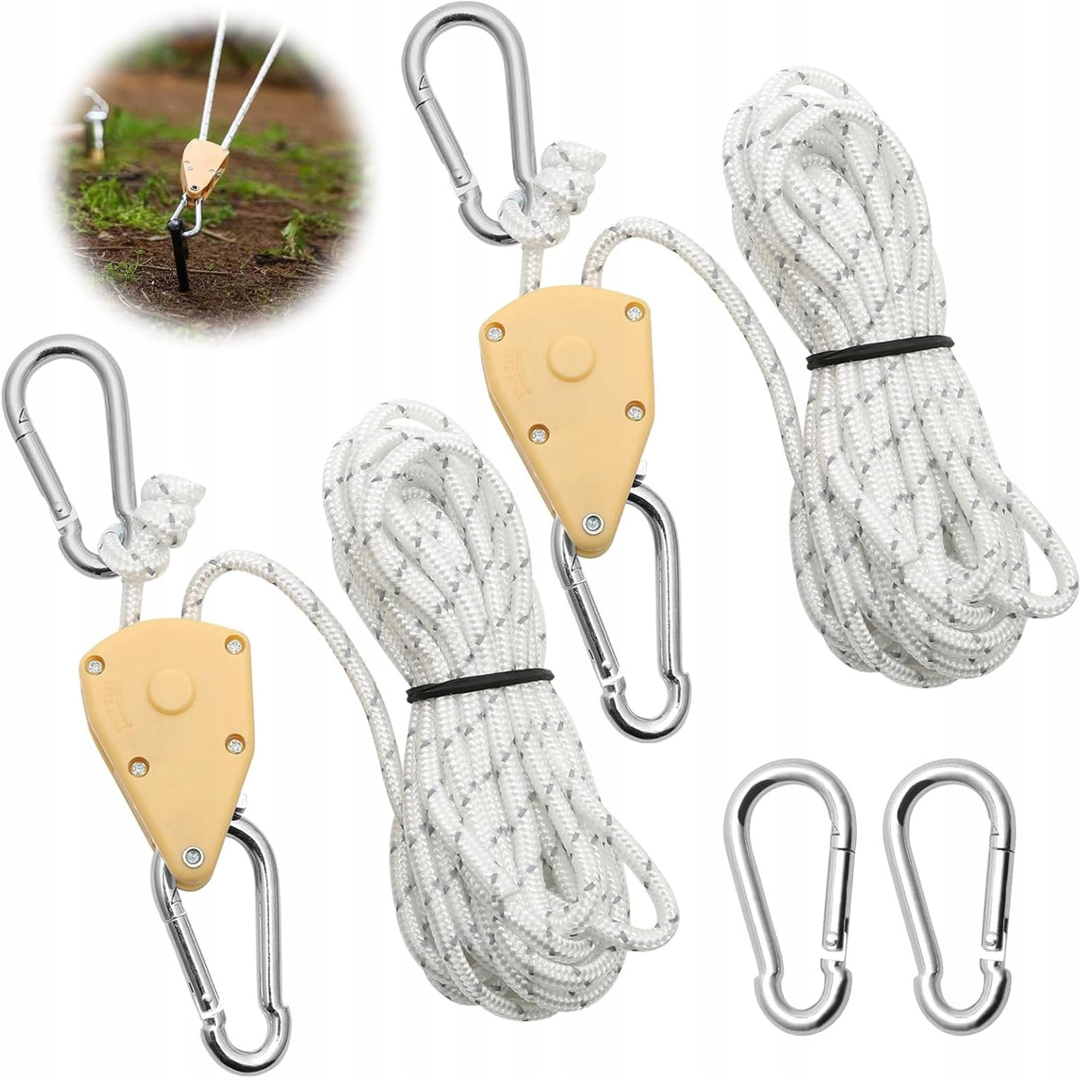 2 ADJUSTABLE 4M RATCHET ROPES WITH 4 CARABINEERS FOR HANGING
