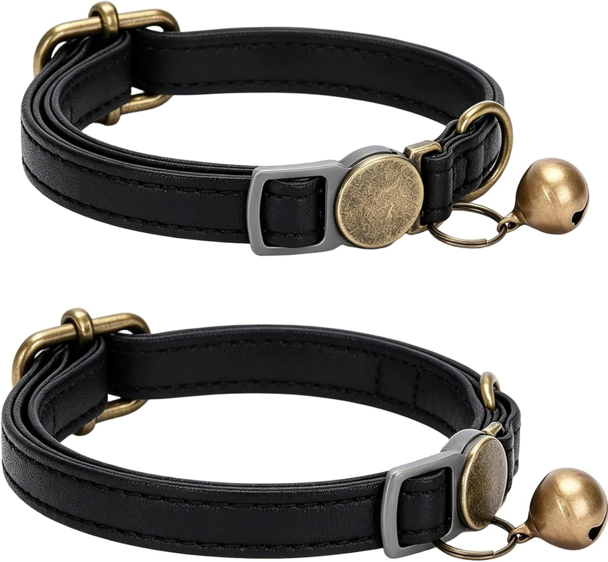 2 CAT COLLARS LEATHER PU BELL ADJUSTABLE 20-30CM BLACK