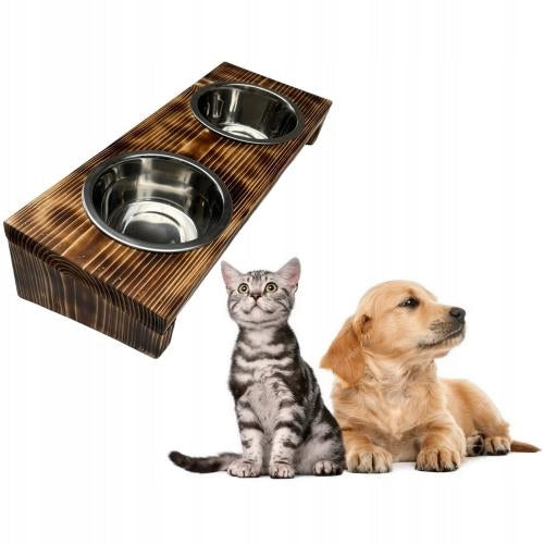 2 CAT DOG BOWL STAND WOODEN SLANTED