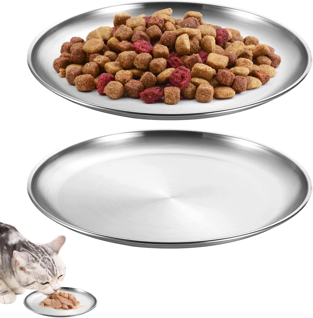 2 FLAT STEEL BOWLS FOR CAT 14 CM WIDE LOW