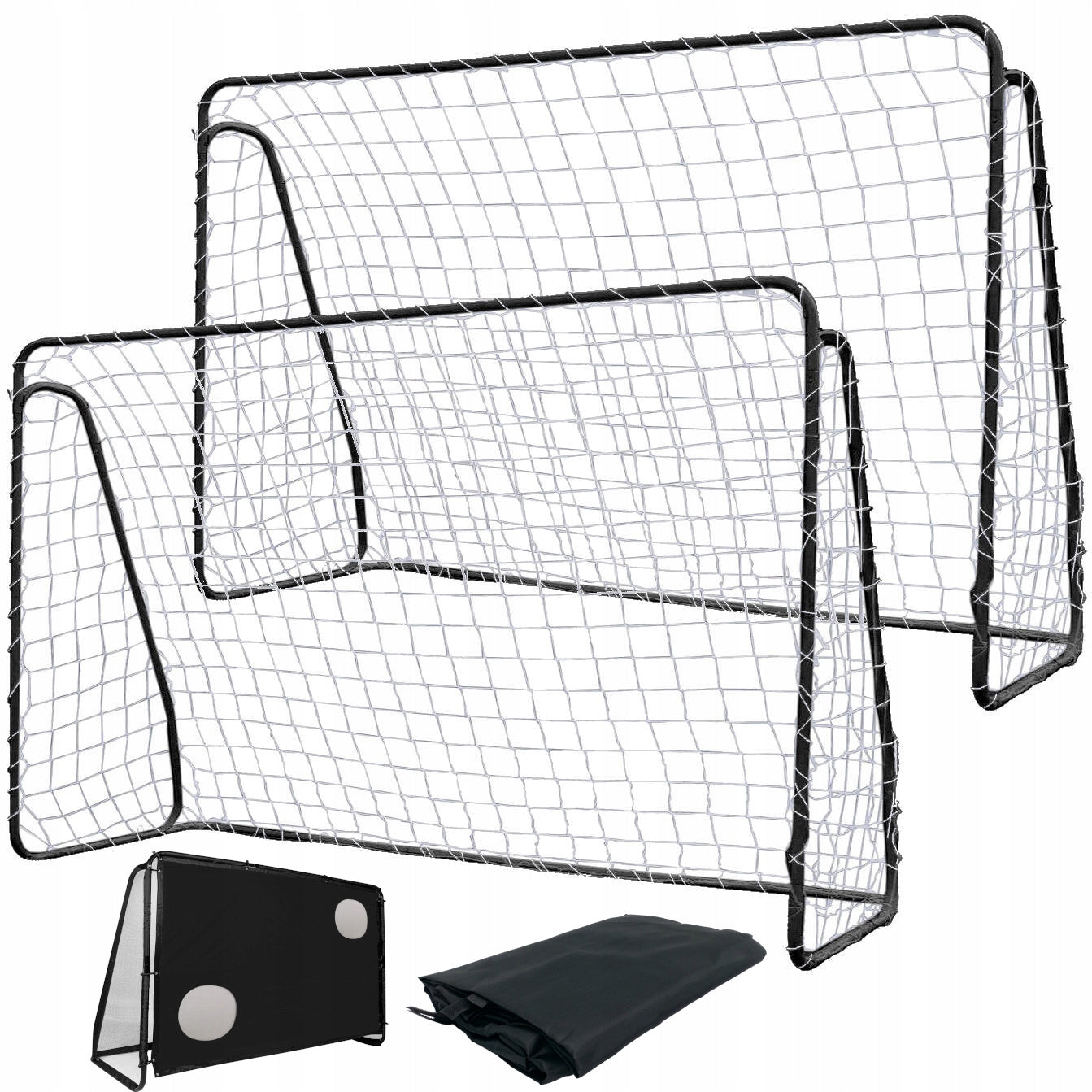 2 LARGE METAL GOALS 213x150 FOOTBALL GOAL NET SET FREEBIE MAT