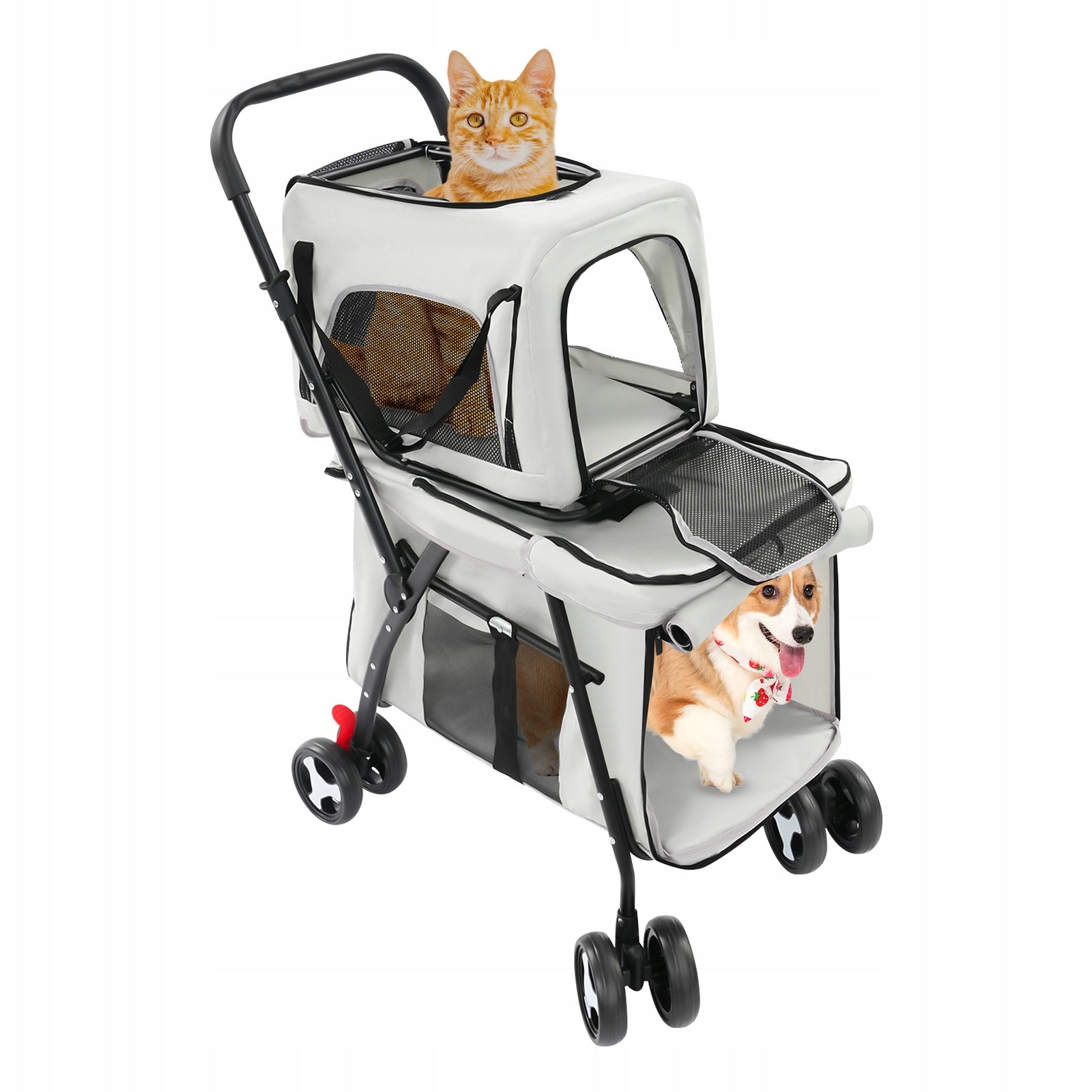 2-Layer Pet Trolley Foldable Dog Stroller with Removable Carrier for Cat