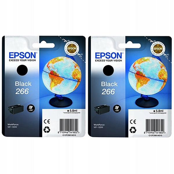 2 ORIGINAL INKS EPSON 266 T2661 WORKFORCE WF100W WF110W BLACK GLOBE !