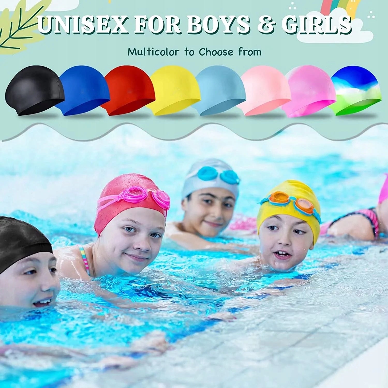 2 Pack Kids Swim Caps for Children Durable Silicone Ear Plugs & Nose Clip Color black