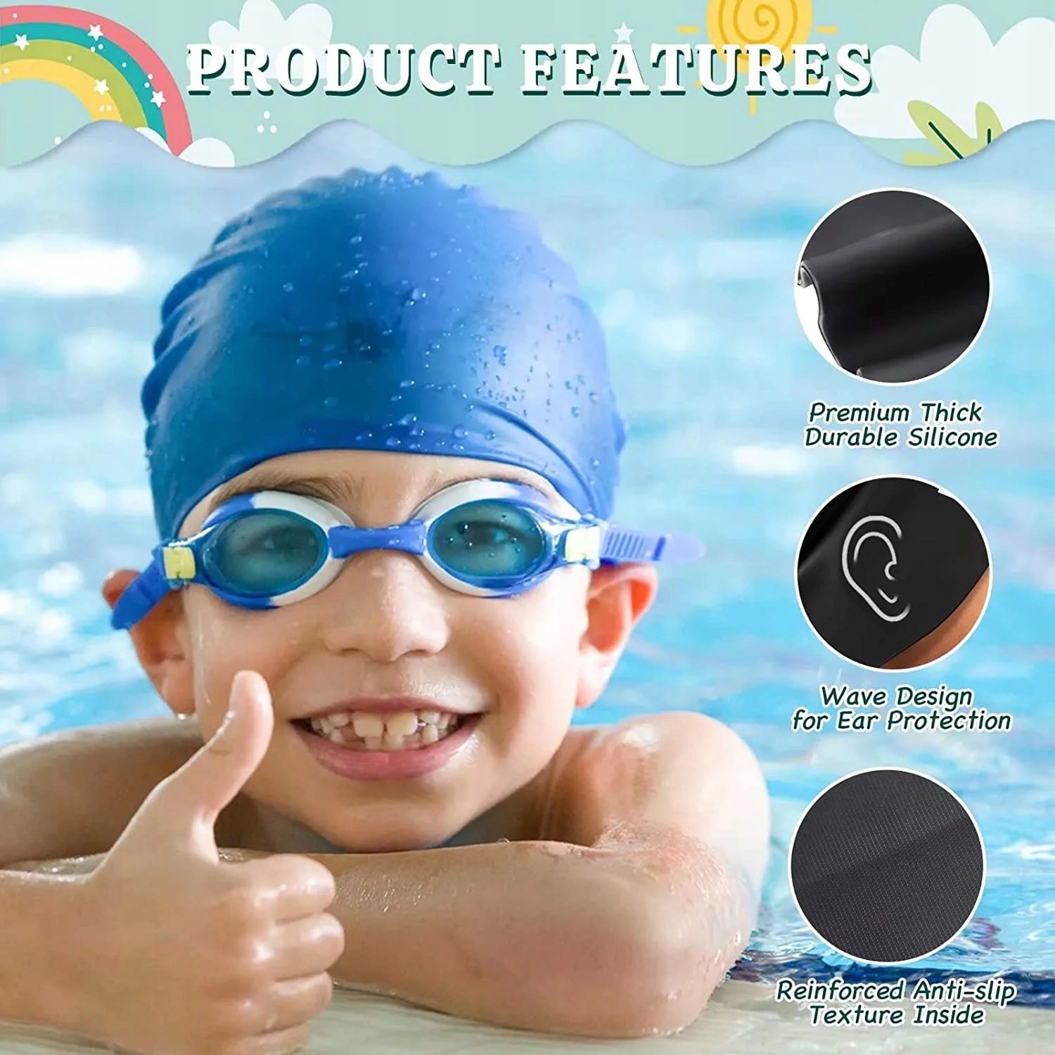 2 Pack Kids Swim Caps for Children Durable Silicone Ear Plugs & Nose Clip Model KSC-001