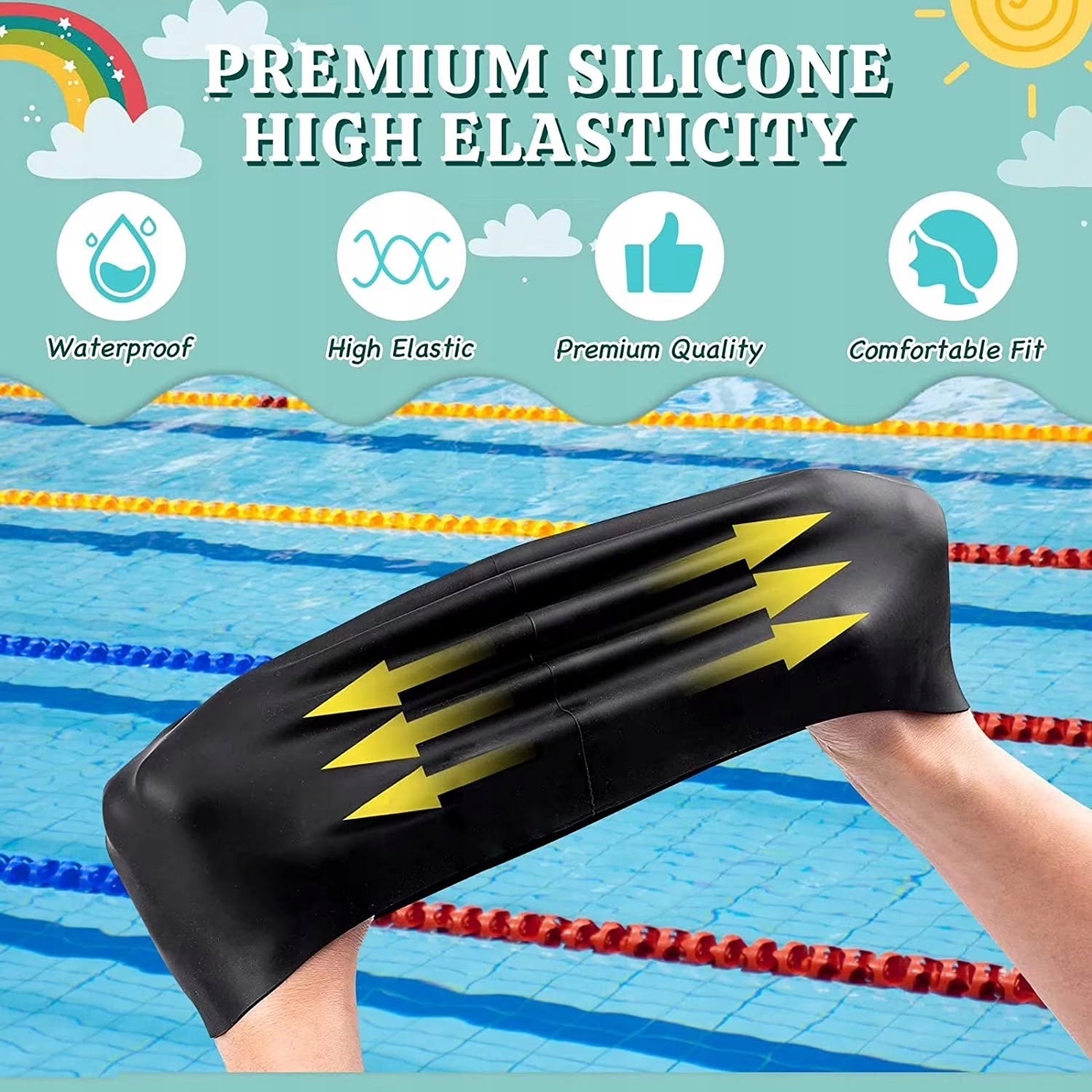 2 Pack Kids Swim Caps for Children Durable Silicone Ear Plugs & Nose Clip Packaging status original