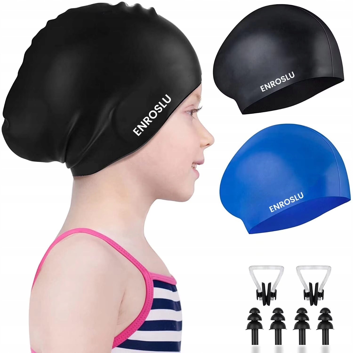 2 Pack Kids Swim Caps for Children Durable Silicone Ear Plugs & Nose Clip