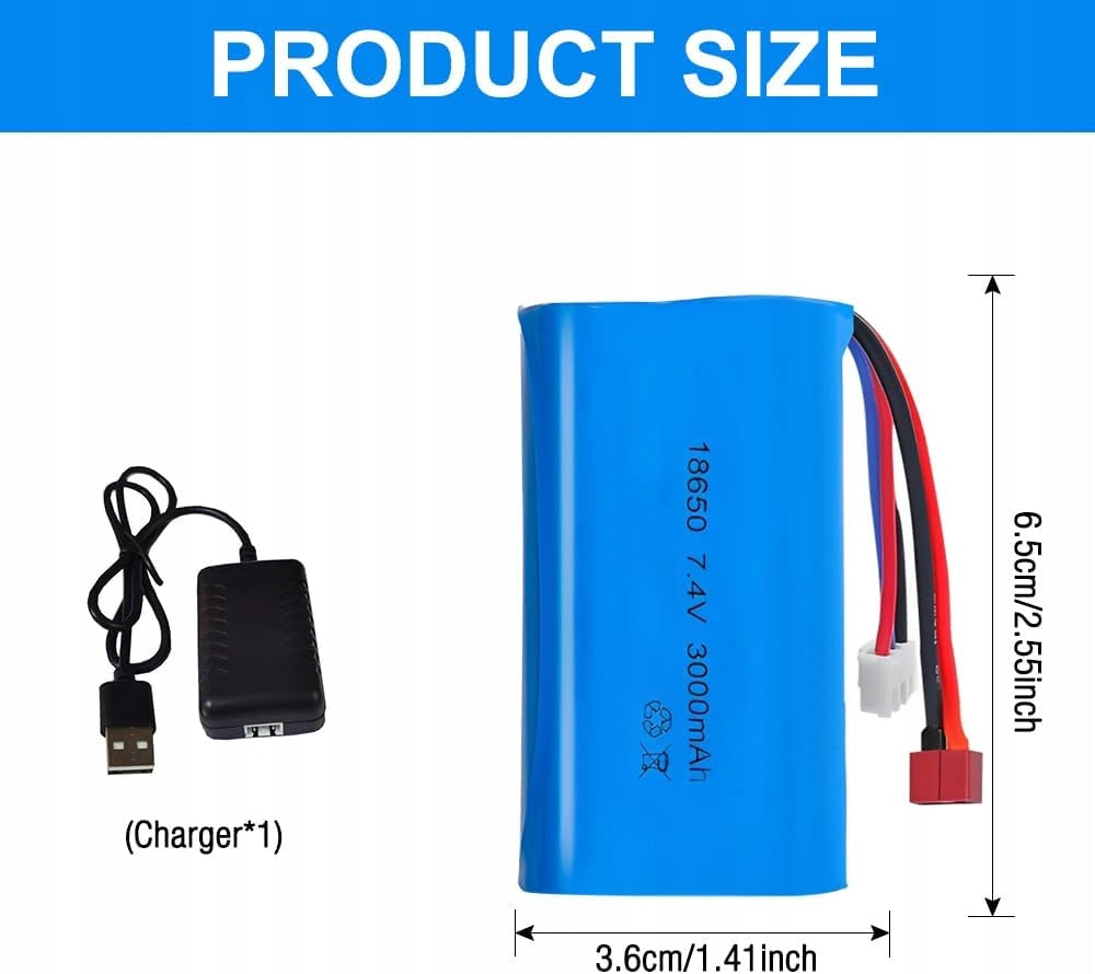 2-Piece LiPo Battery 7.4V 3000mAh 2S Connector T + XH-3P and LED Charger Packaging status original