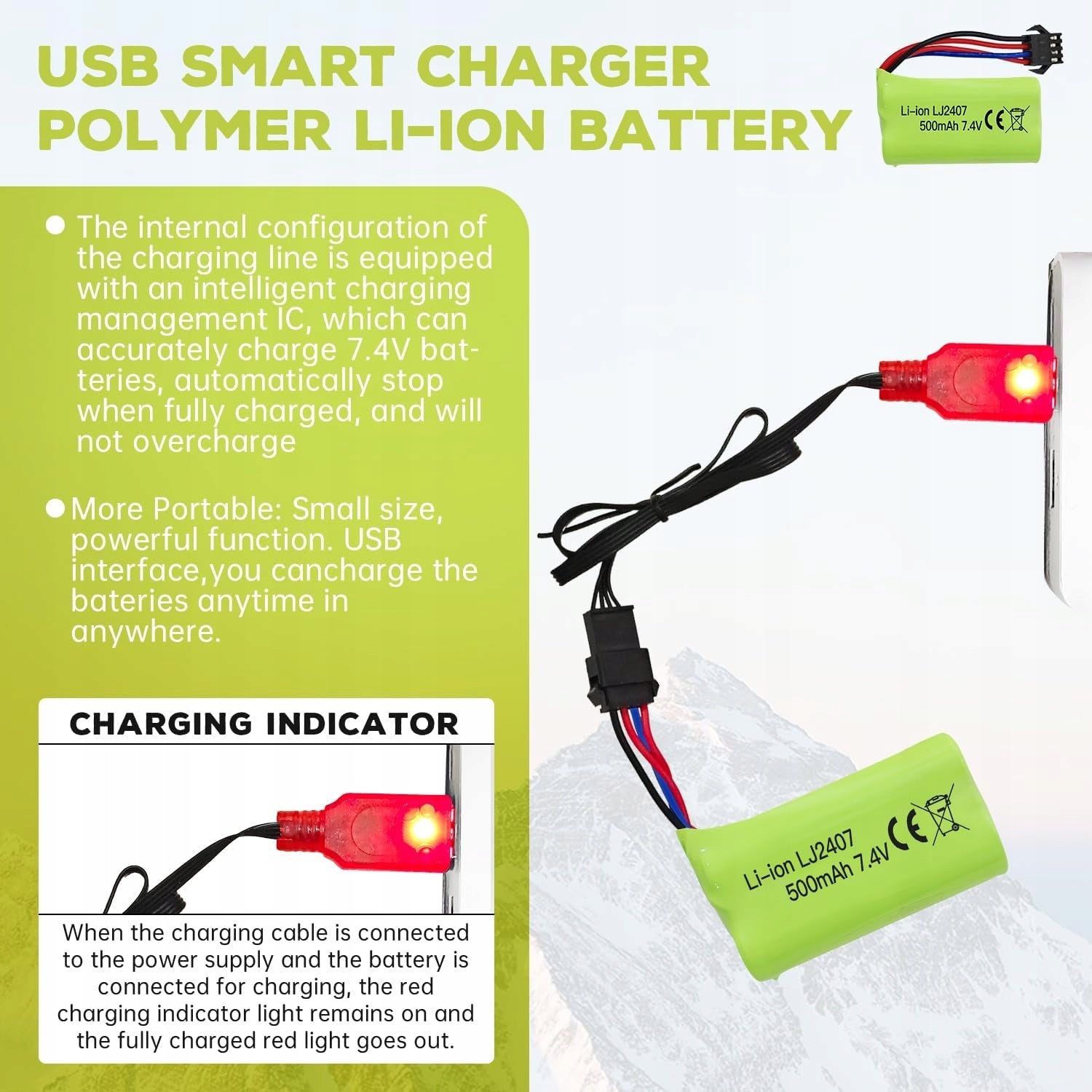 2 Pieces 7.4V 500mAh Batteries for EC16 DE85 for RC Boat + USB Charger Packaging status original