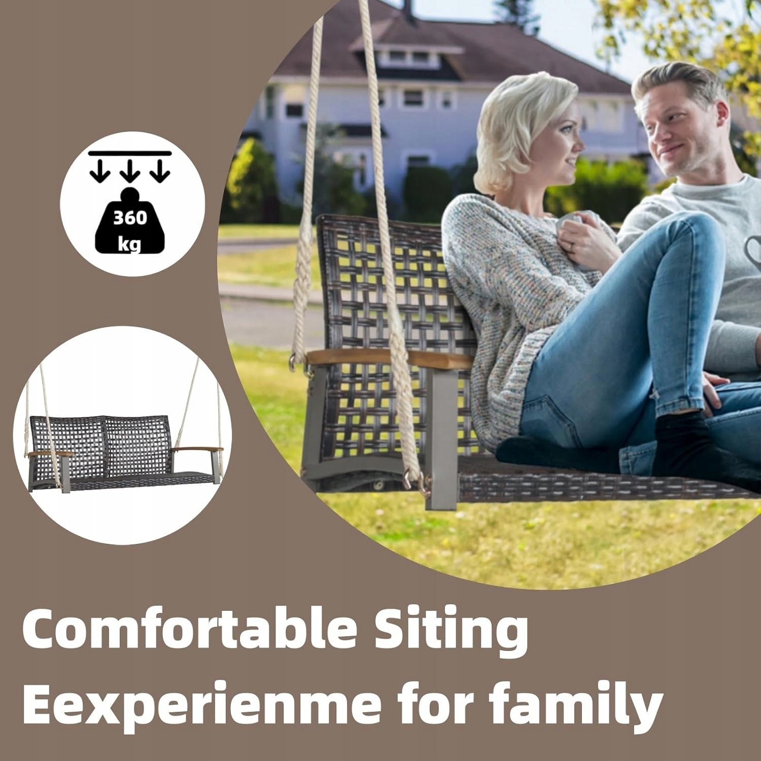 2 SEATER GARDEN SWING 360 KG PE RATTAN BENCH WITH ROPES + FREEBIE Manufacturer no brand