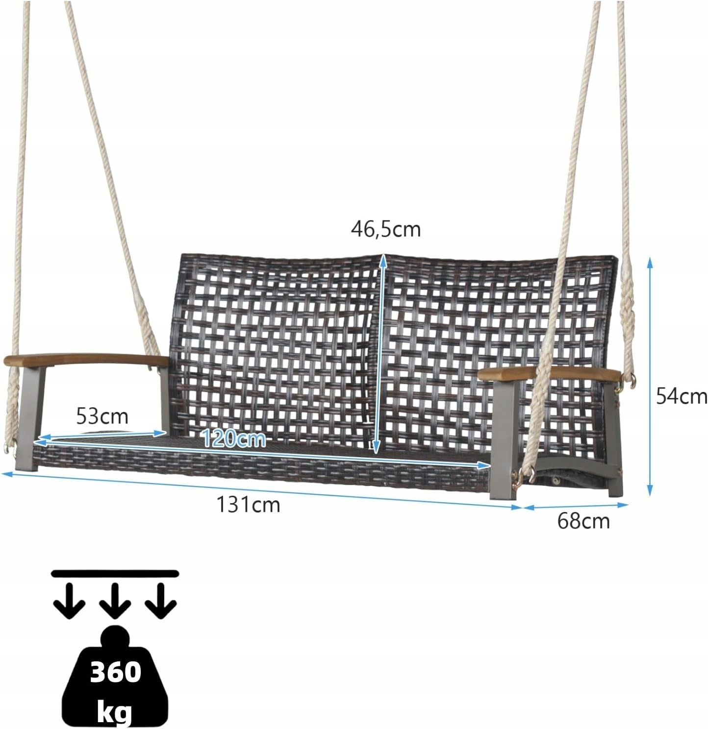 2 SEATER GARDEN SWING 360 KG PE RATTAN BENCH WITH ROPES + FREEBIE Seat width 53 cm