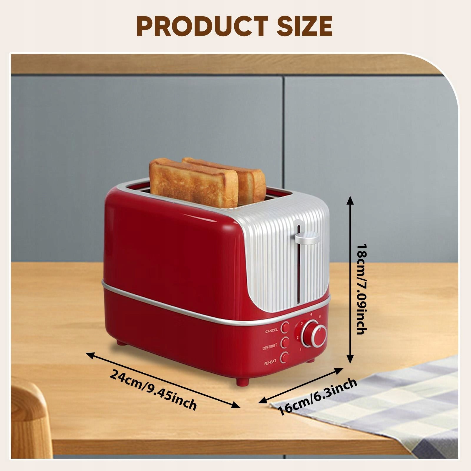 2 Slice Toaster, Bread Toaster Automatic for Breakfast Sandwich Compact Red Power rating 1.1 W