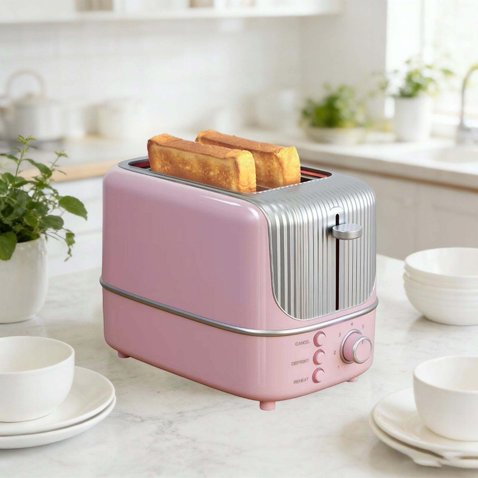 2 Slice Toaster, Removable Crumb Tray Home Use Breakfast Machine Wide Pink