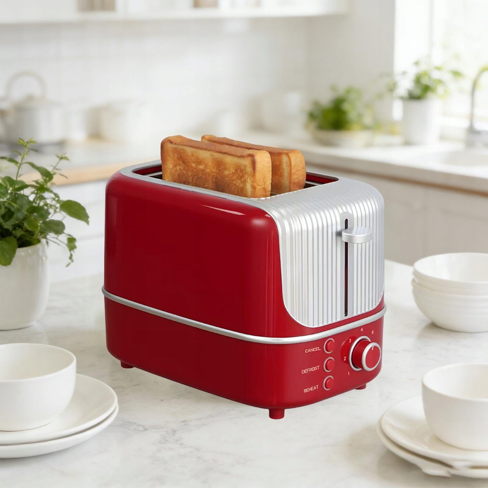 2 Slice Toaster, Removable Crumb Tray Home Use Breakfast Machine Wide Red