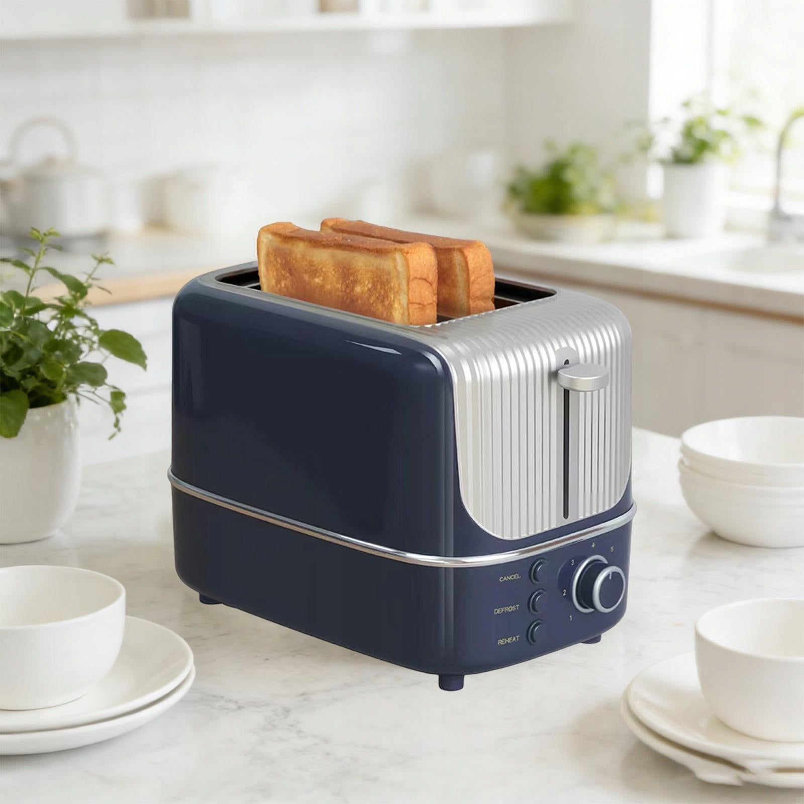 2 Slice Toaster, Removable Easy to Clean Crumb Tray Wide Slots Blue