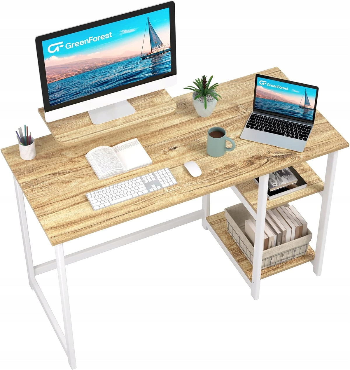 2 TIER SMALL FOLDING DESK WITH SHELVES AND MONITOR STAND