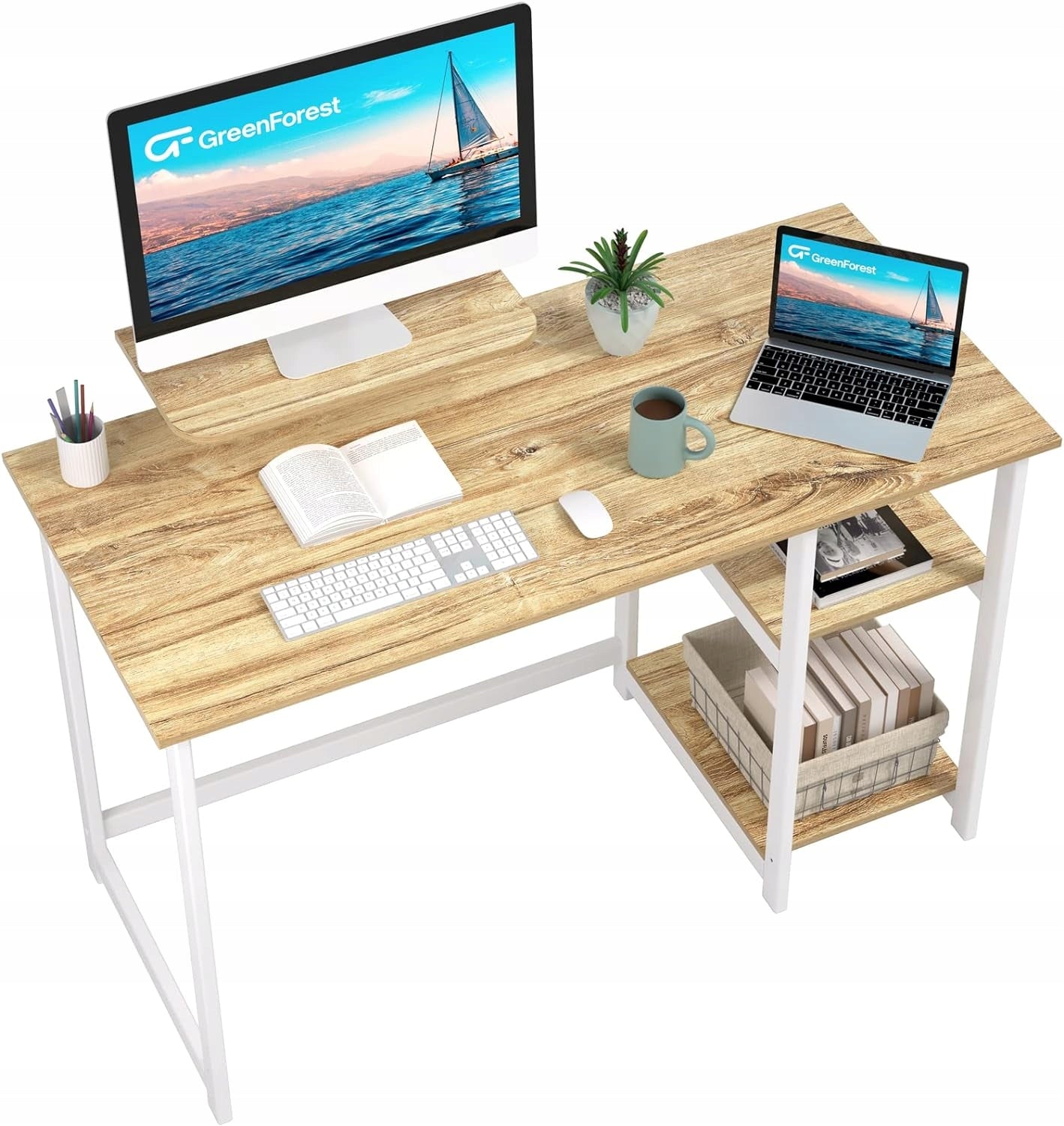 2 TIER SMALL FOLDING DESK WITH SHELVES AND MONITOR STAND