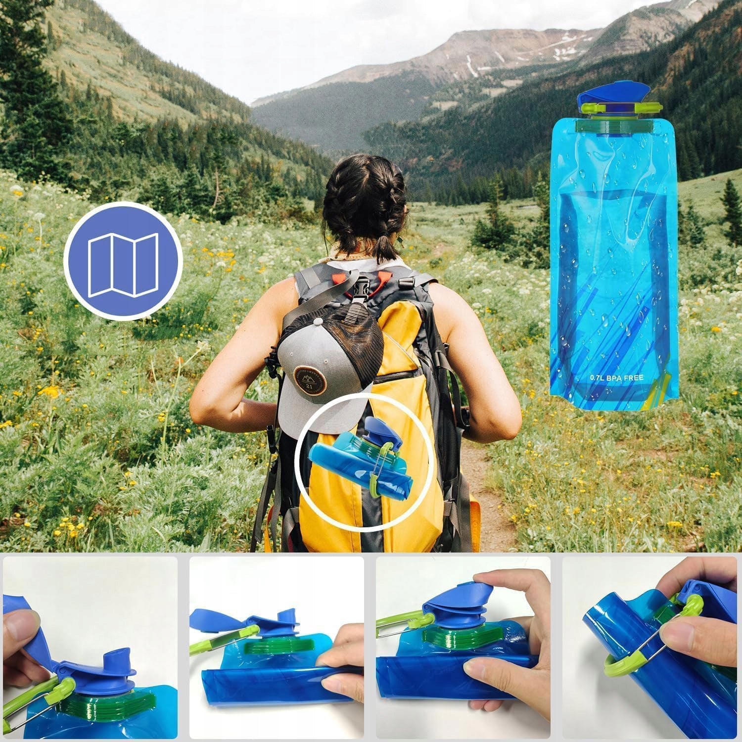 2 X Foldable Sports Water Bottle 700ml With Carabiner Brand no brand
