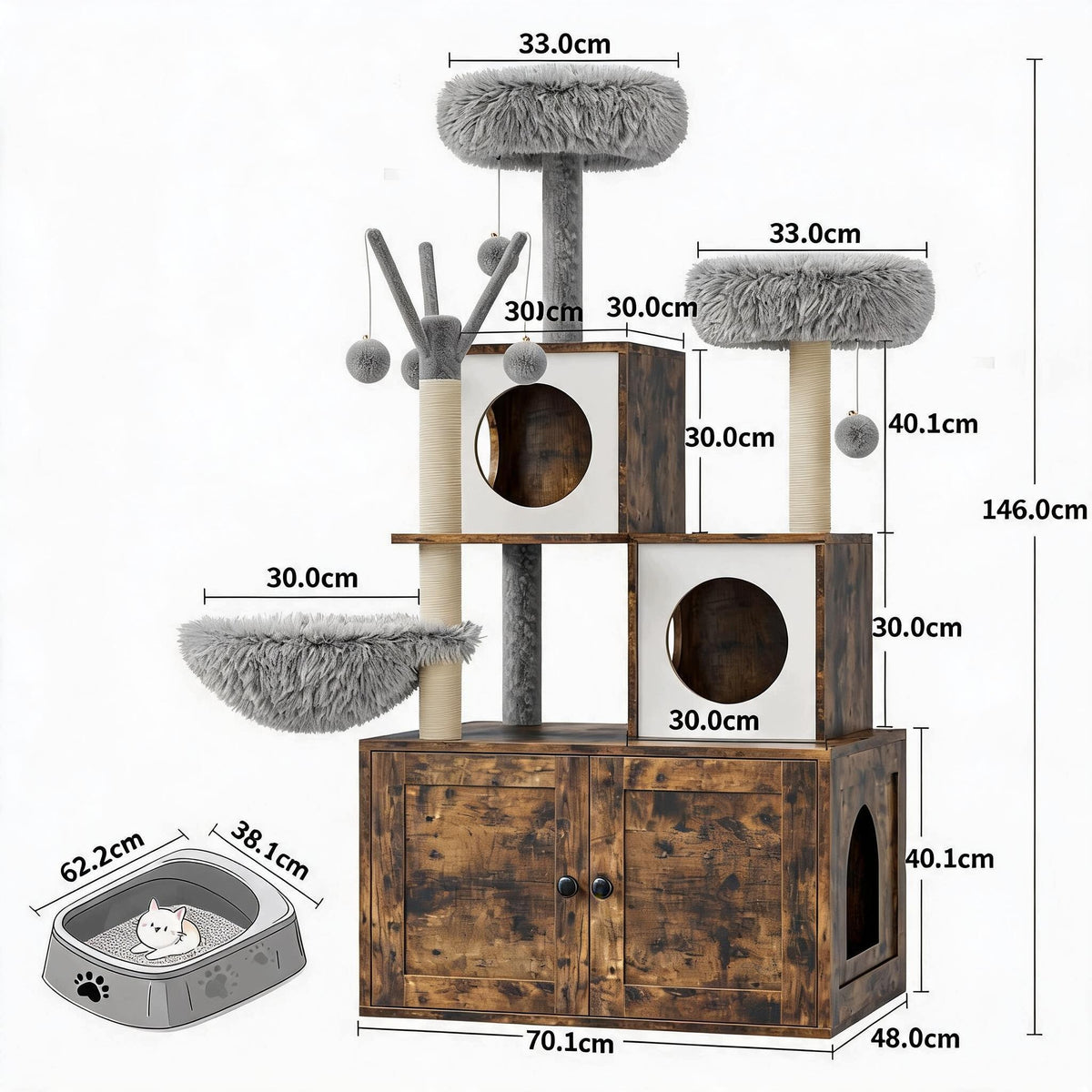2-in-1 Hidden Litter Box Enclosure with Cat Tree Tower, Oak and Grey Manufacturer code zhizaoshang