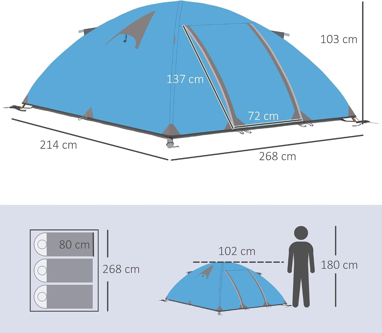 2 person camping tent 268 x 214 x 103 cm blue Packaging status original