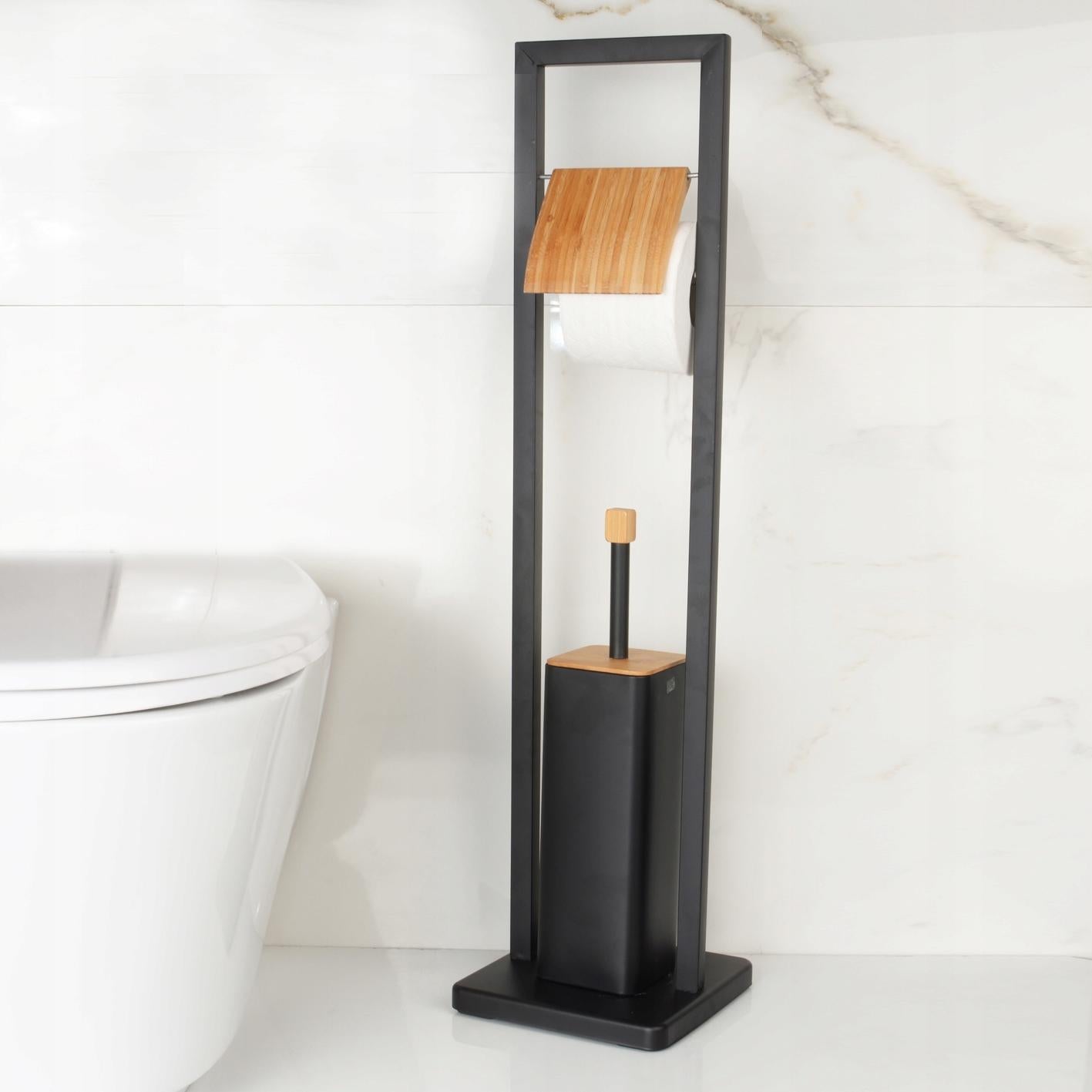 2-piece bathroom set - waste bin and 2in1 stand, black bamboo Packaging status original