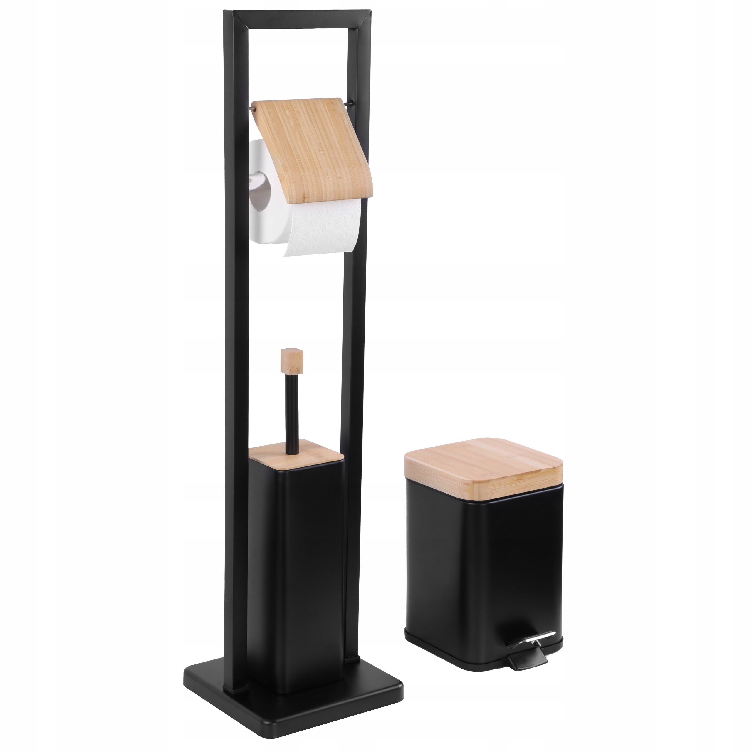 2-piece bathroom set - waste bin and 2in1 stand, black bamboo