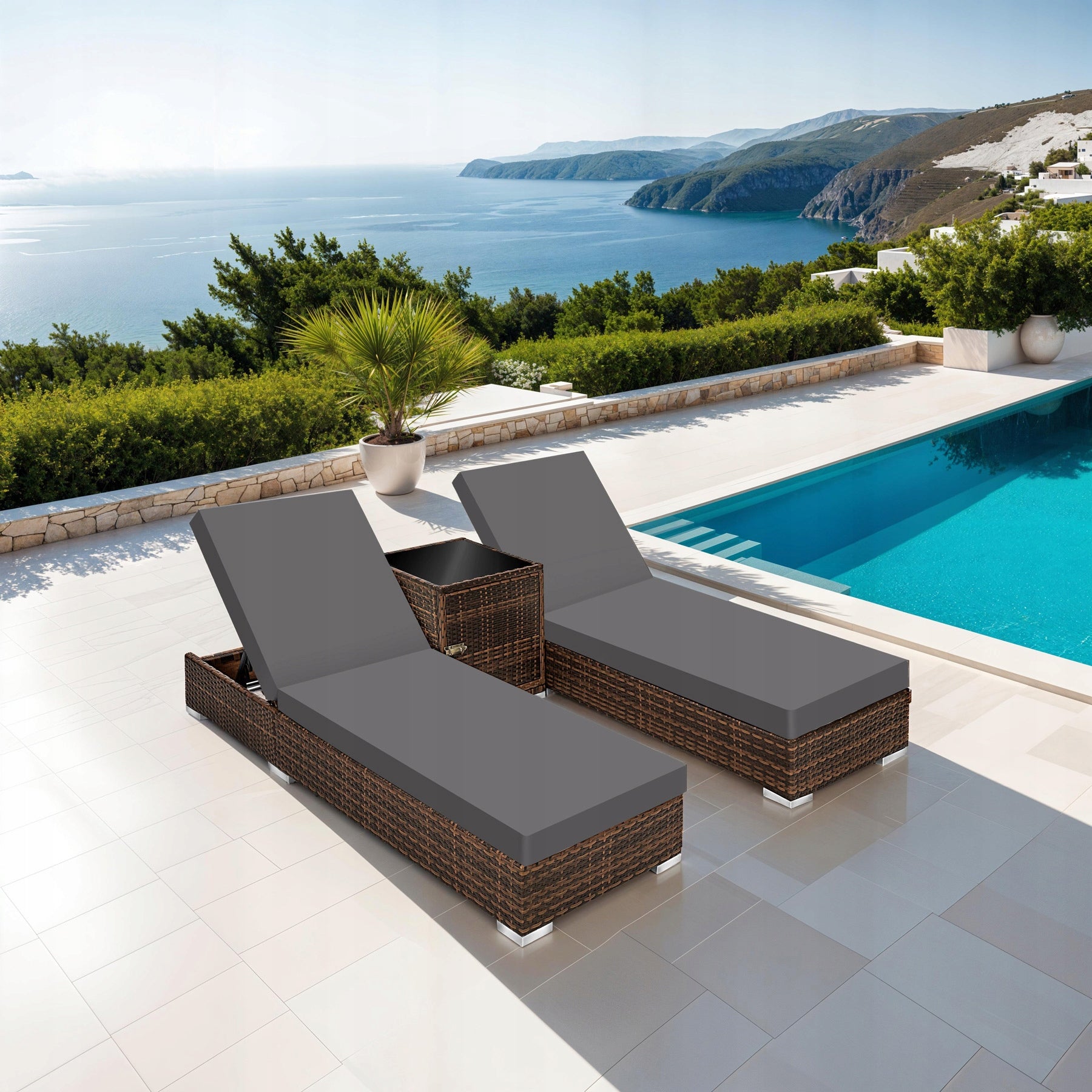 2 rattan deck chairs with aluminum frame and table, including cover Packaging status original