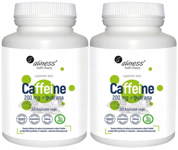 2 x Aliness Caffeine 200mg + guarana 100 kaps vege Concentration Stimulation