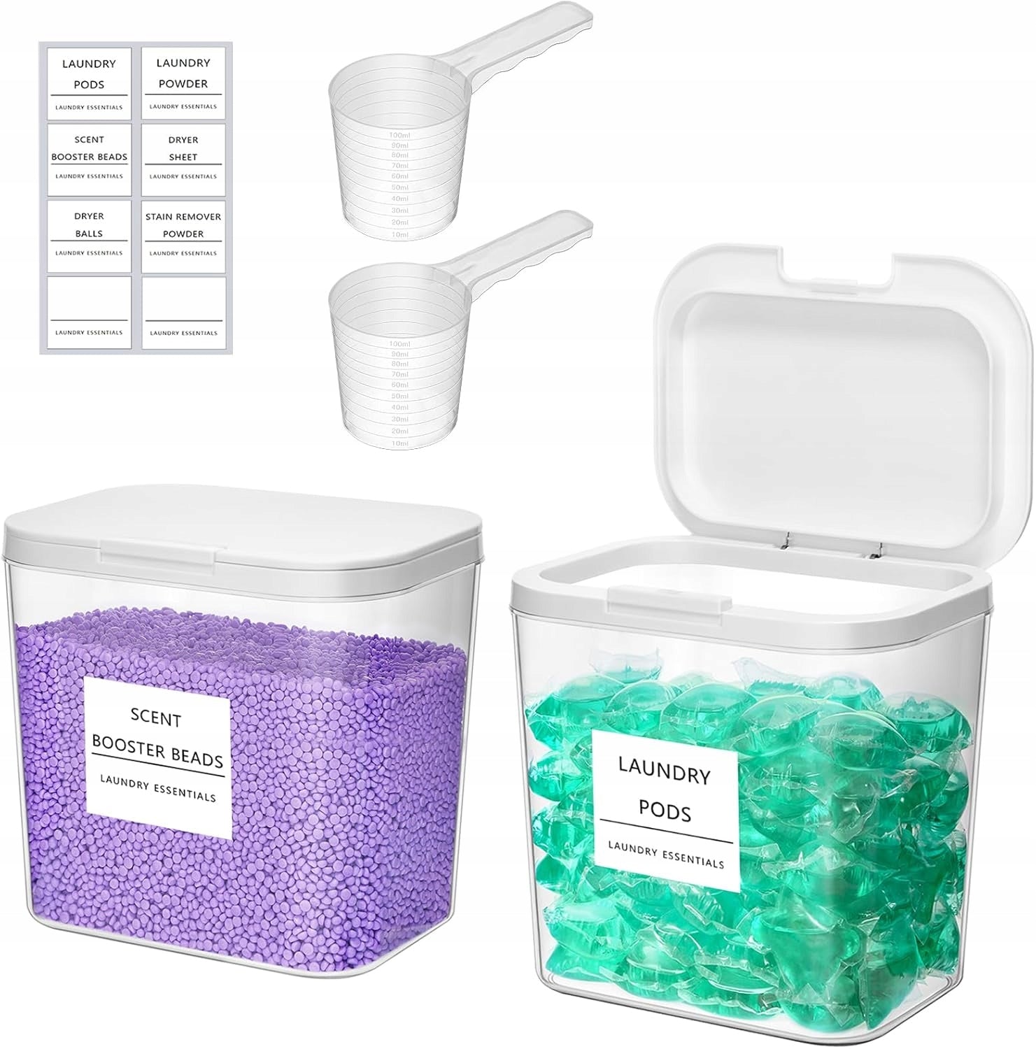 2 x Laundry Capsule Containers Detergents with Labels and Spoons