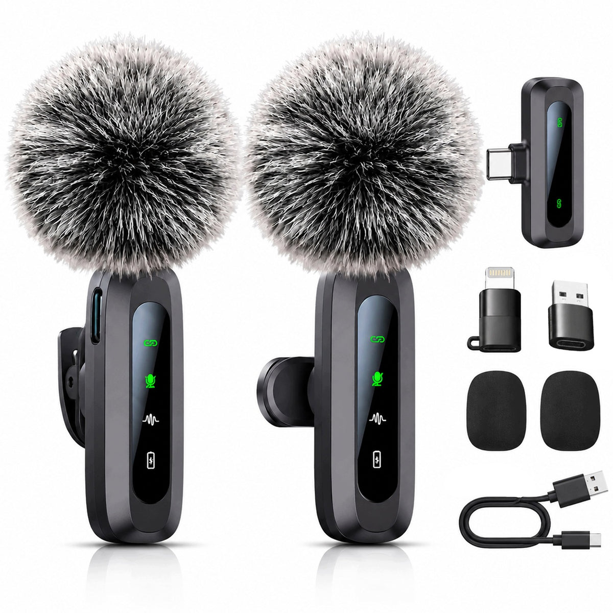 2 x Lightning / Type C Wireless Tie Microphone Black