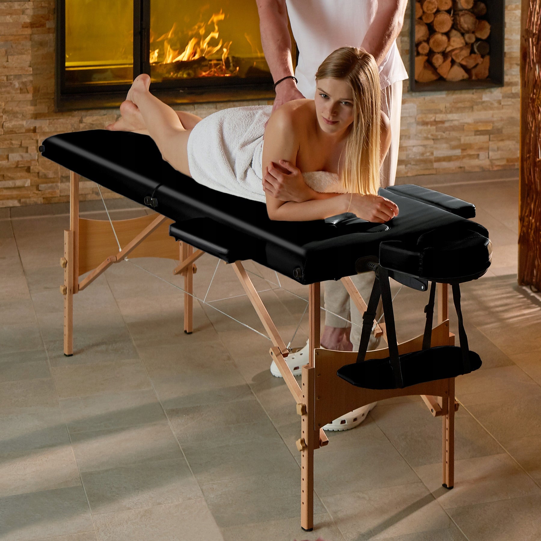 2-zone massage table set with 7,5 cm padding and wooden frame Color black