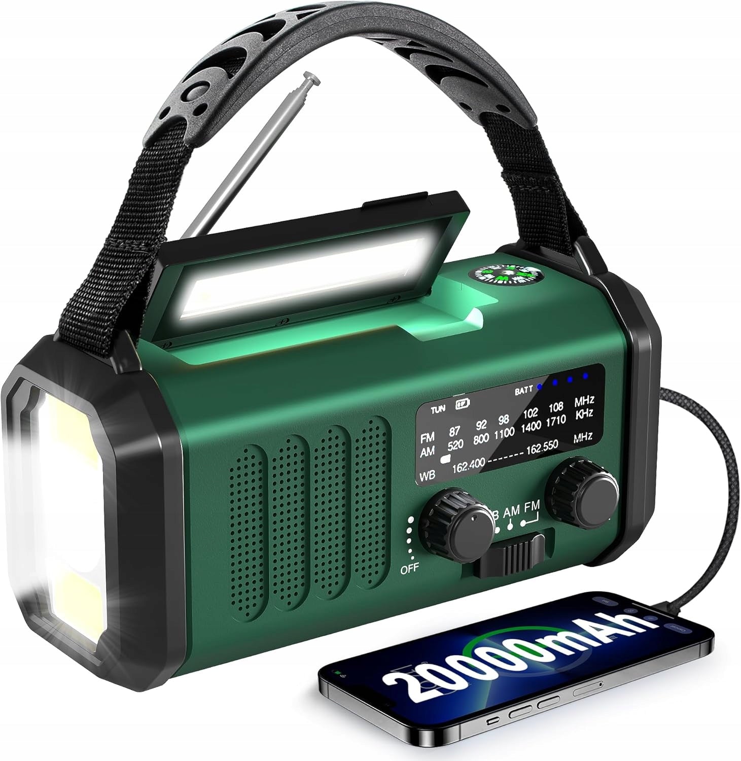 20000mAh Emergency Radio Solar Weather AM FM SOS with USB Charger and