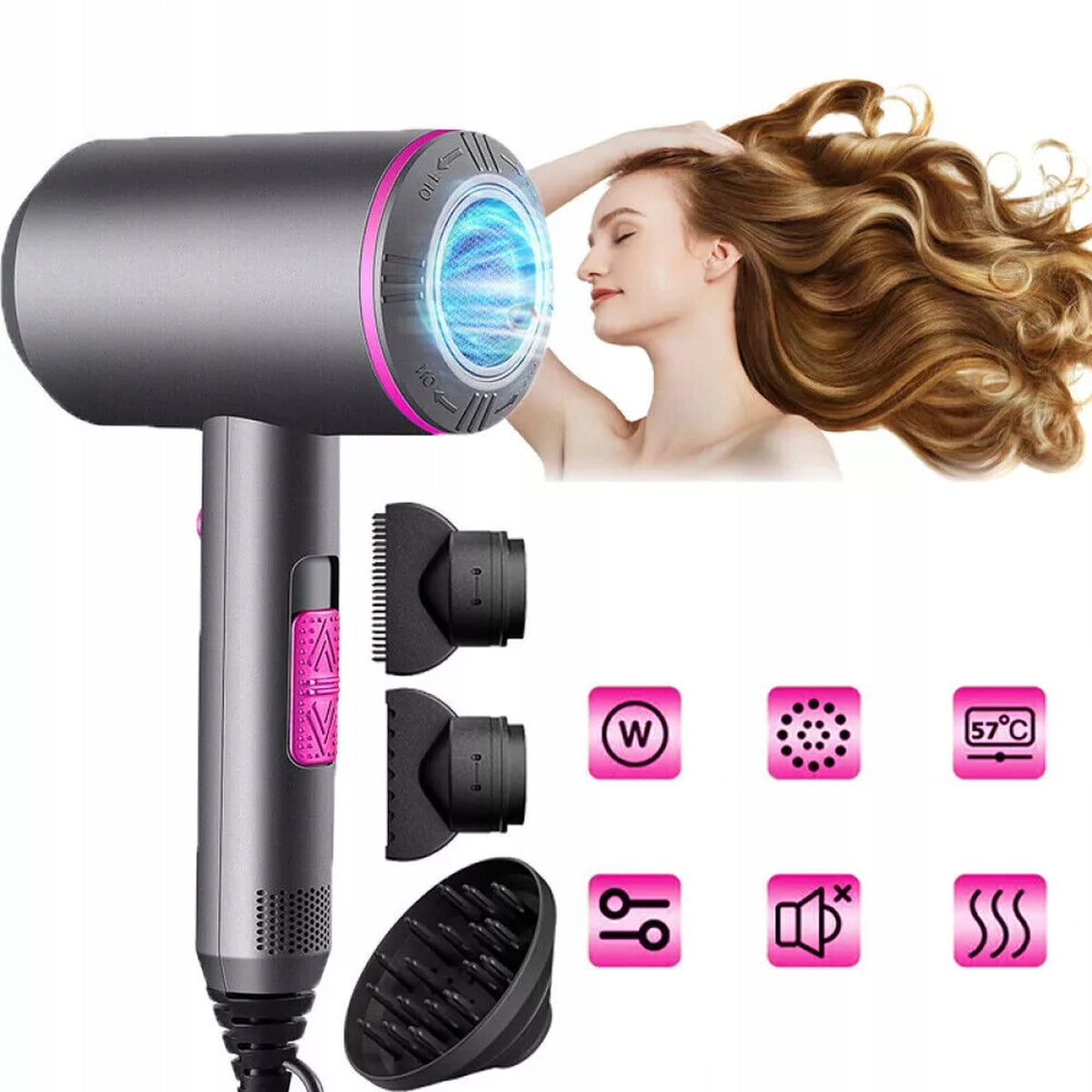 2000W HAIR DRYER PRO IONIZATION STRONG + DIFFUSER AND CONCENTRATOR SET Packaging status original