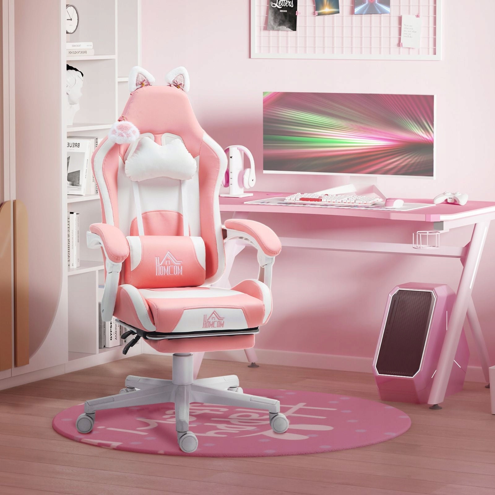2026 Gaming chair 65x62x124 cm cat ears footrest pink Furniture depth 62 cm