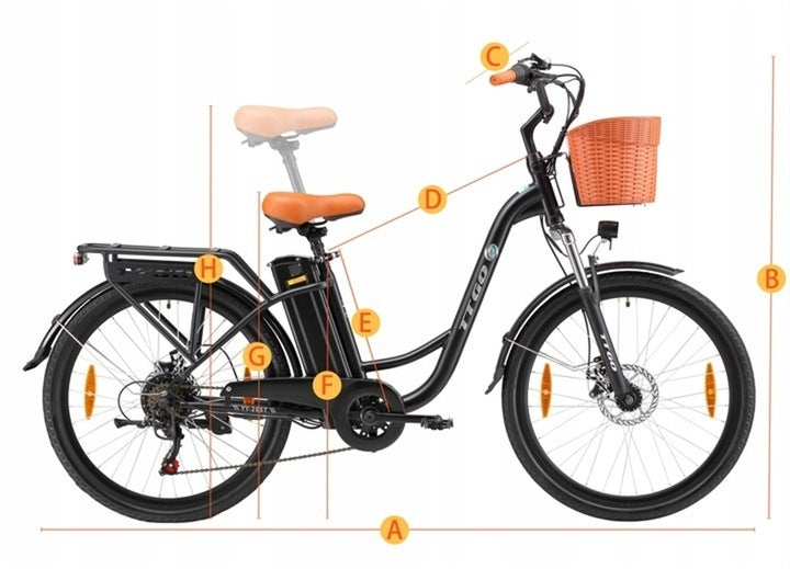 2026 Stylish Electric Bikes TTGO YY-26ST 250W 14.5AH 75KM+Basket-EU Model TTGO YY-26ST 250W 14.5AH 25KM/H 75KM 26"