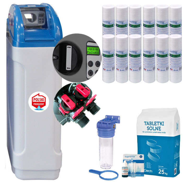 20L water softener, salt, test, body, cartridges, PL menu, by-pass, mixing.