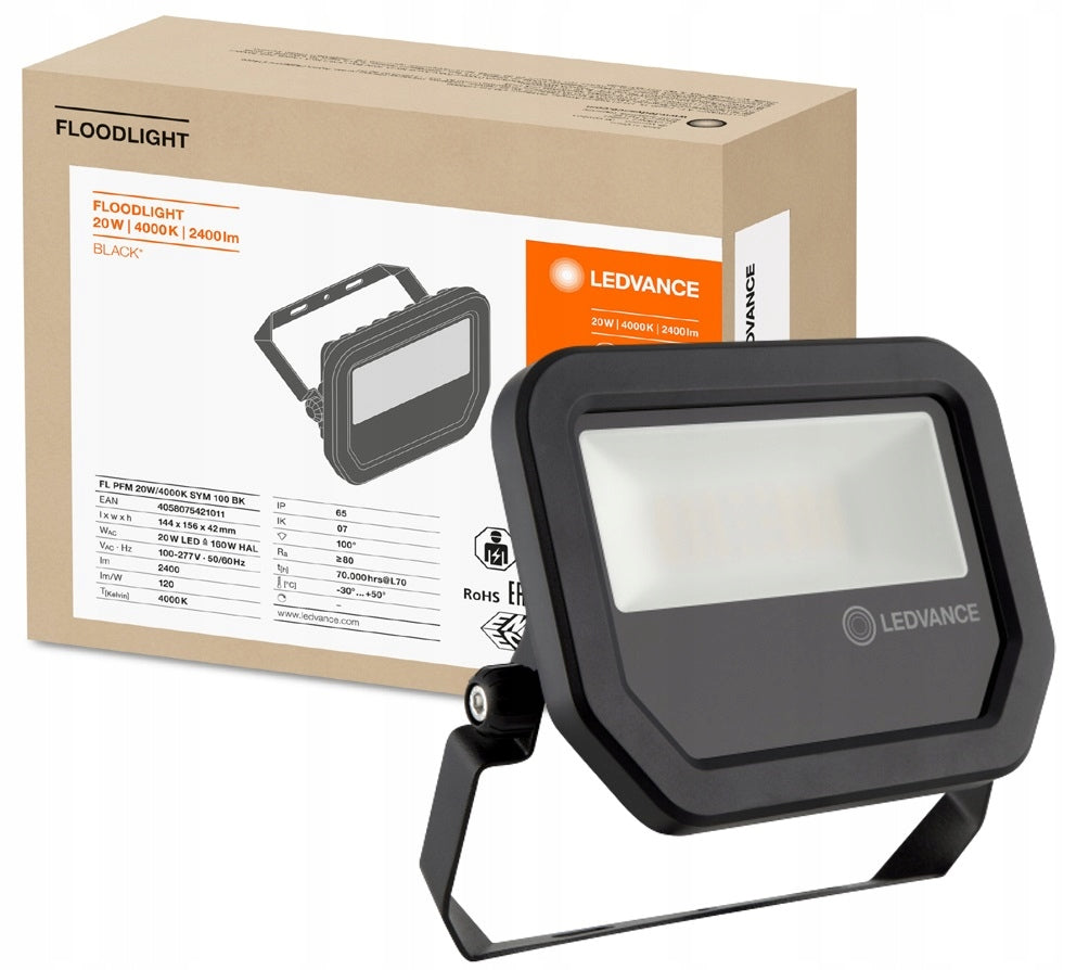 20W LED Flood Light, 4000K, Symmetrical Beam, Black Color black