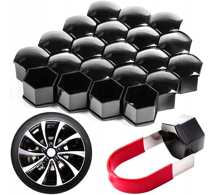 20x SCREW CAPS RIM COVERS 17 MM BLACK PULLER SET