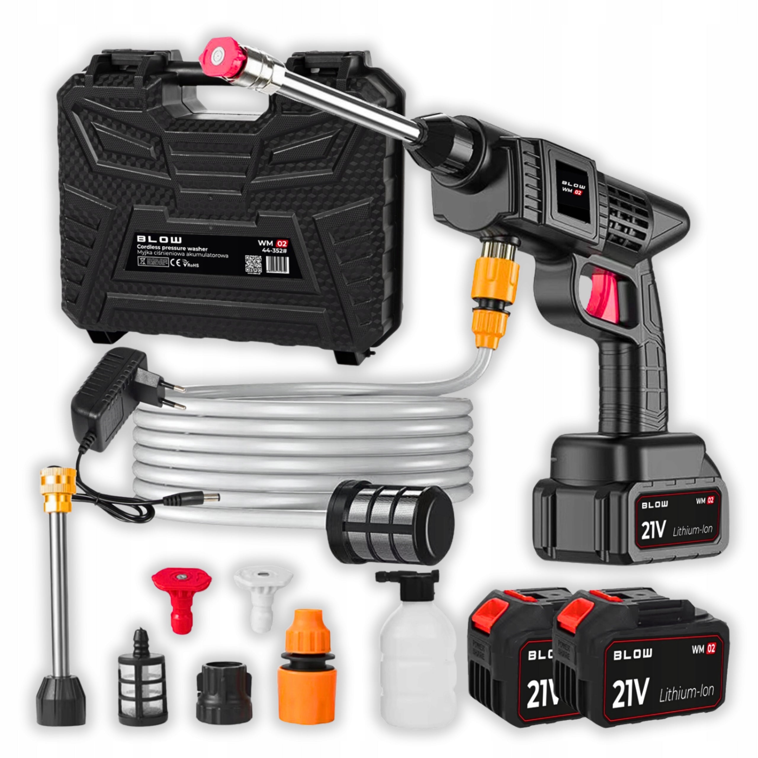 21V 2X AKU CORDLESS PRESSURE WASHER SET CASE FOAMER NOZZLES