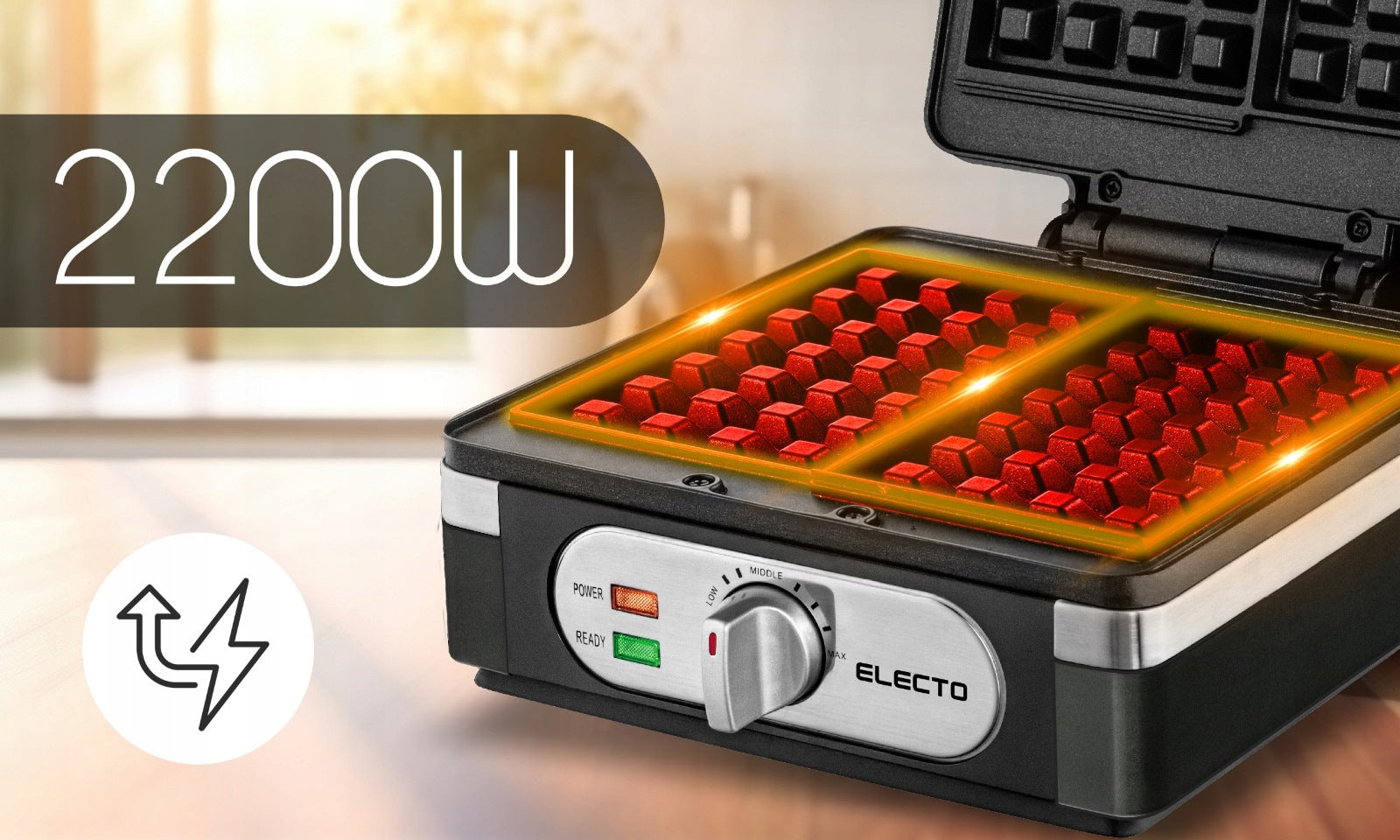 2200W WAFFLE MAKER WITH TEMPERATURE CONTROL 2 LARGE CRISPY WAFFLES XXL ELECTO Brand Electo