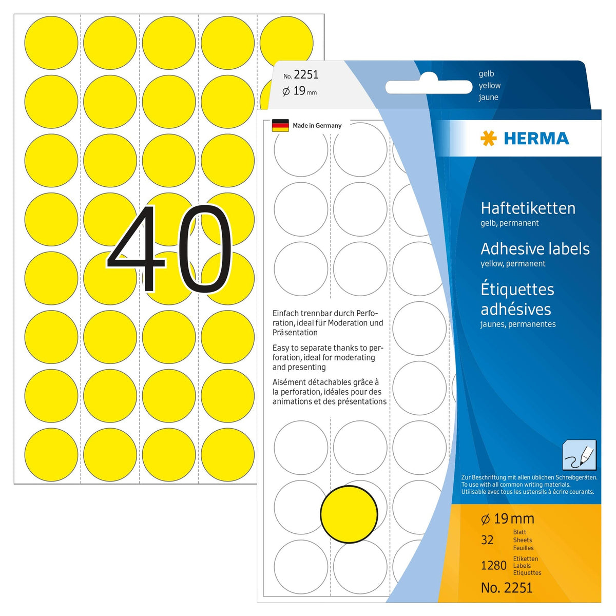 2251 MULTIFUNCTIONAL LABELS/COLORED DOTS Ø 19 MM ROUND YELLOW FOR HOME
