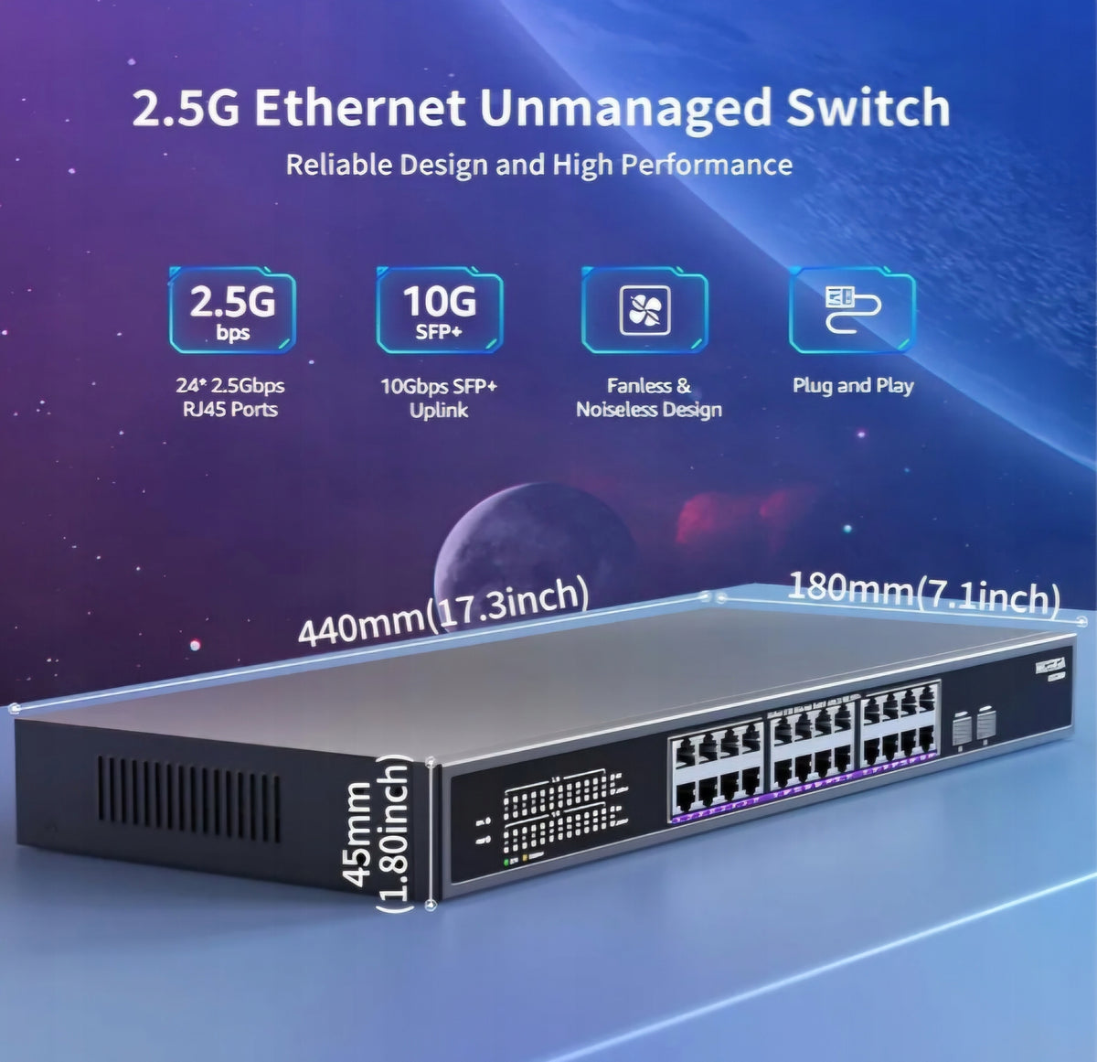 24-PORT ETHERNET SWITCH 2,5 G, 2 PORTS 10 G SFP+ ETHERNET Manufacturer code Przełącznik NICGIGA 24-portowy 1 SFP