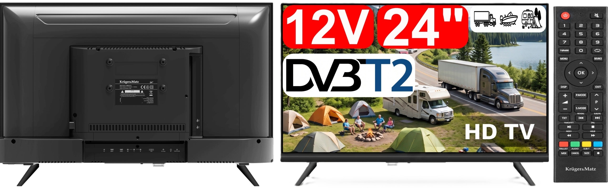 24" TV FOR TRUCK 12V 230V MOTORHOME CAMPING YACHT DVB-T2 POWER SUPPLY Packaging status original