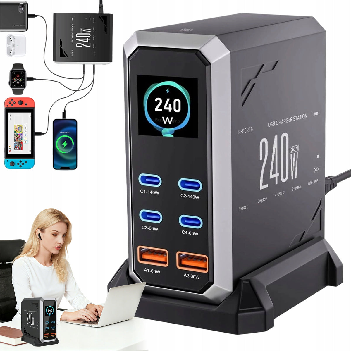 240W GAN MULTIPORT CHARGER FOR IPHONE IPAD SAMSUNG GALAXY AND NINTENDO