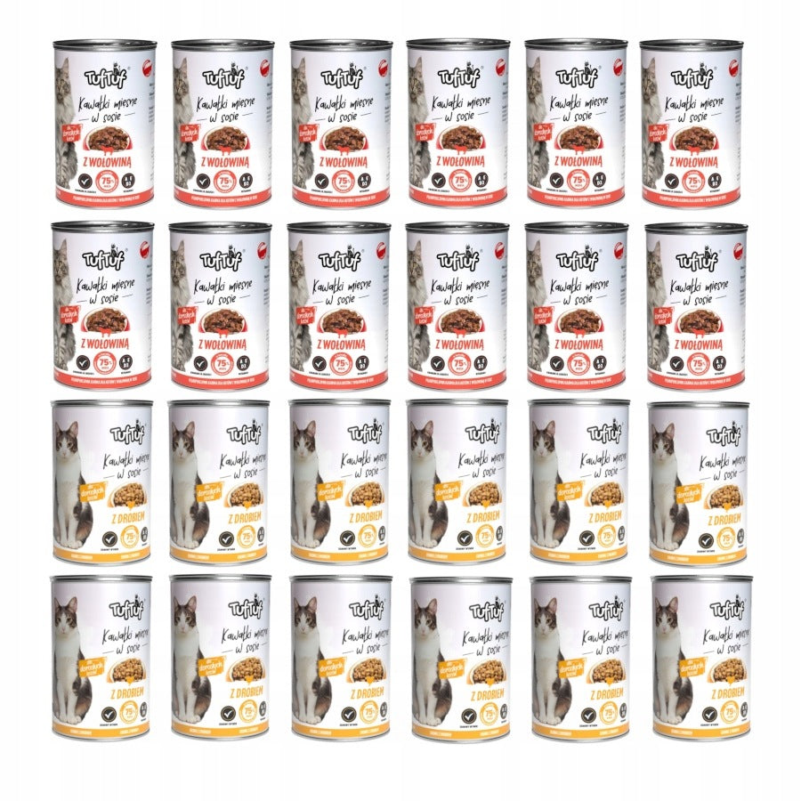 24x415g Wet cat food Tuf Tuf meat pieces MIX flavors 9,96kg