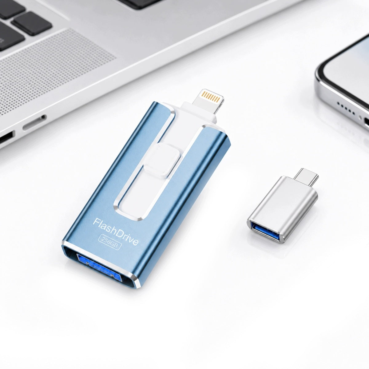 256GB 4in1 flash drive for iPhone and Android – USB 3.0, USB-C, blue
